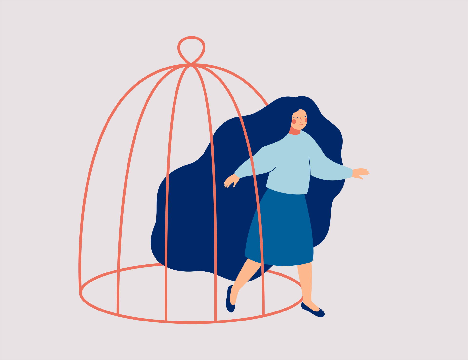 A woman with long hair is standing in a cage and leaving the cage