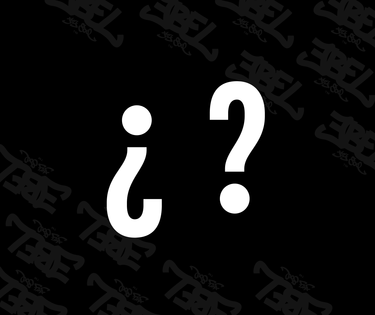 White inverted question mark and question mark on black background with repeating faded text.