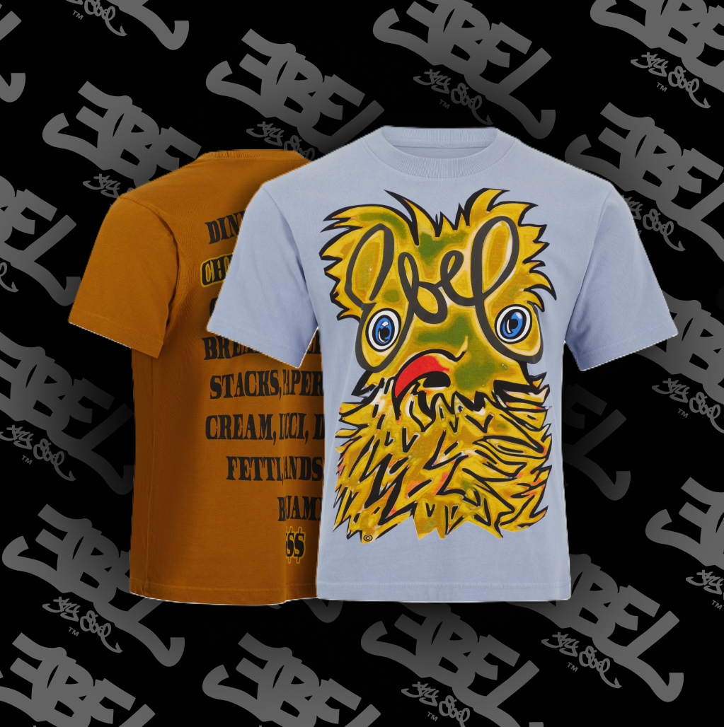 Two t-shirts. One brown, back text. One blue, yellow bird graphic on front.