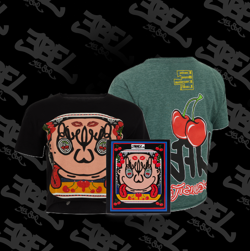 Black and green t-shirts and a framed art print featuring a cartoon character and cherries.