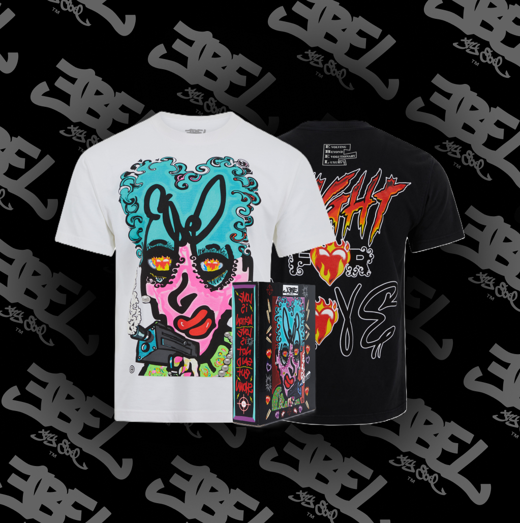 White and black t-shirts with colorful graffiti-style designs; box with similar art in front.