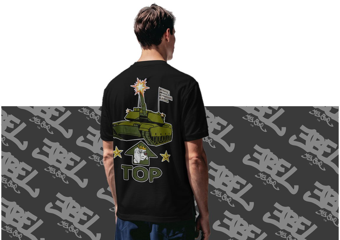 Man wearing black t-shirt with a tank graphic on back.