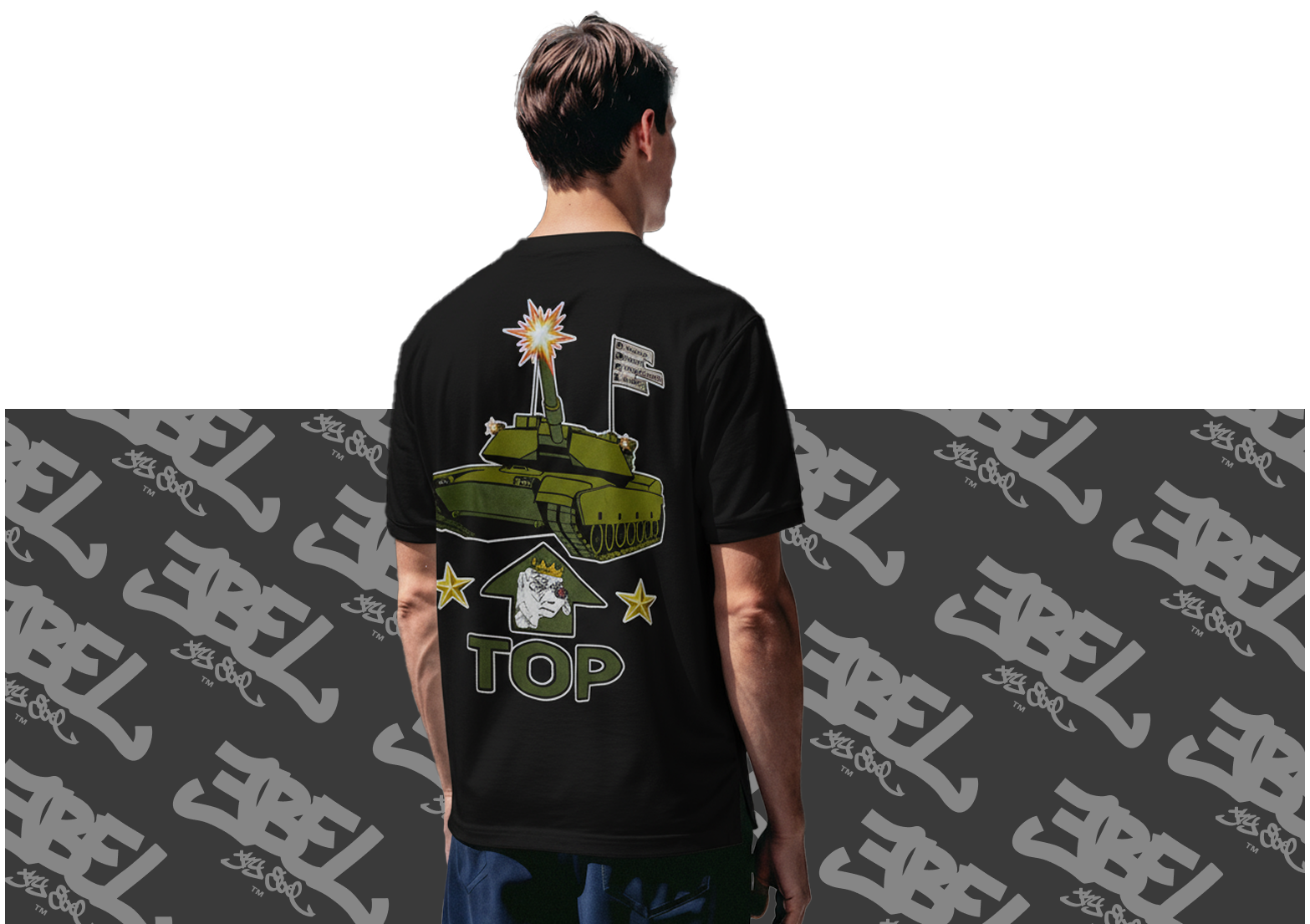 Man wearing black t-shirt with a tank graphic on back.