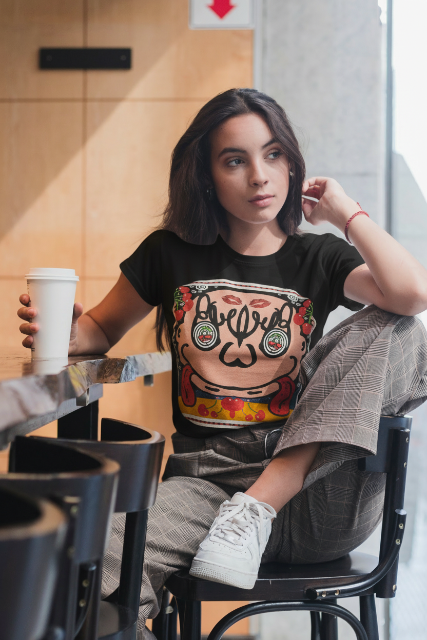 A woman wearing a black t-shirt with a graphic design, sitting, holding coffee.