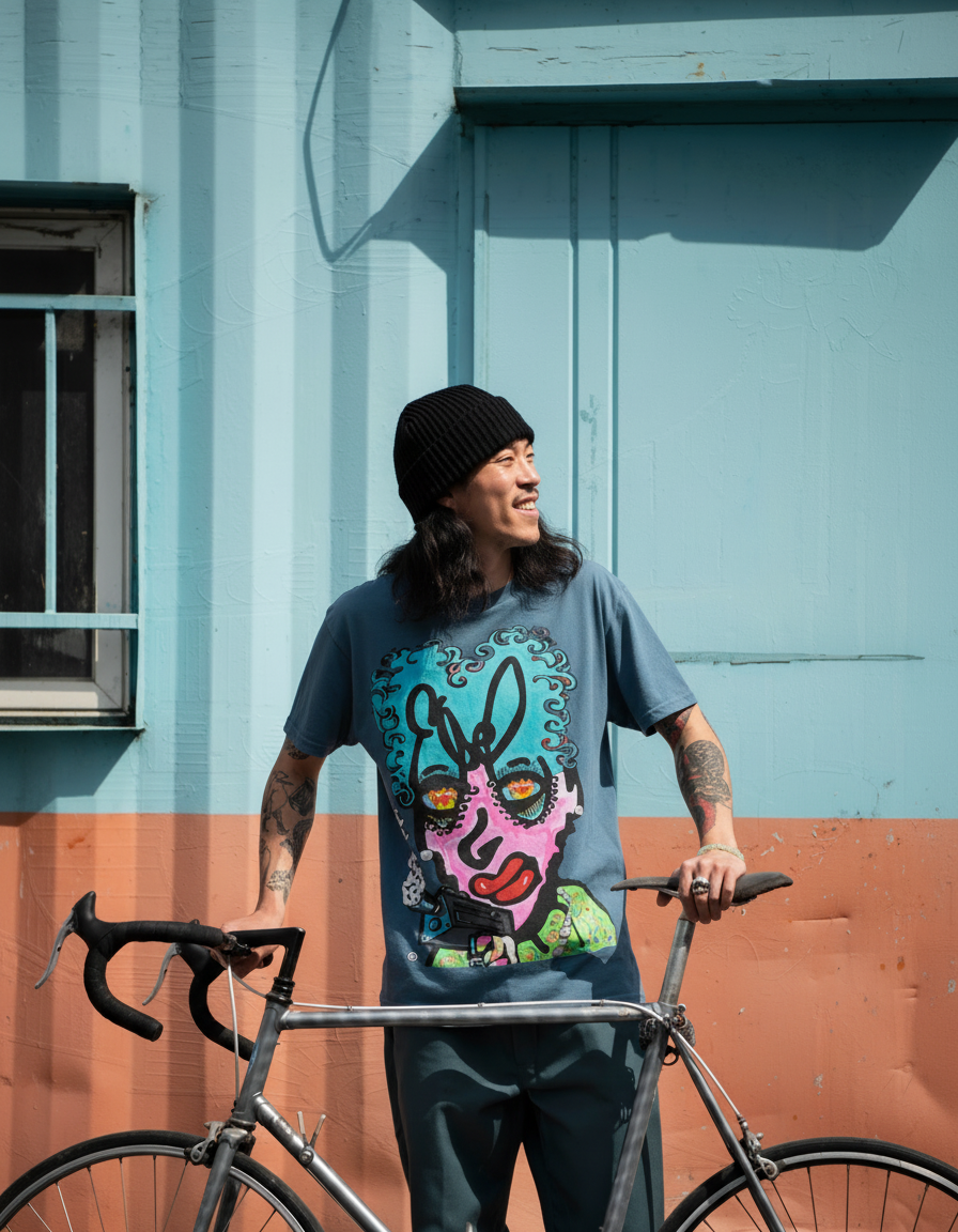 Person in a cafe wearing a white t-shirt with text on the back, a cap, and sitting at a small table.