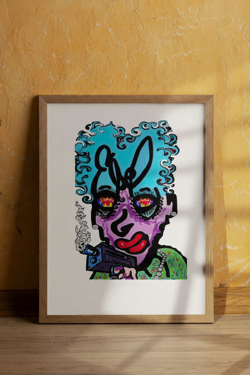 Artwork of a stylized face in a frame. The subject has red eyes, purple skin, blue hair, and a cigarette.