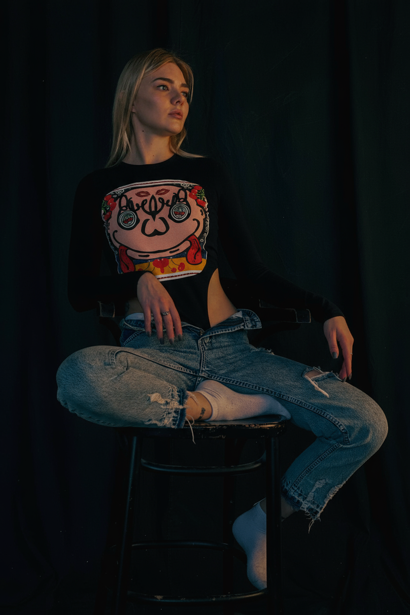 Woman in black top and ripped jeans sits on a stool, looking right. Dark background.