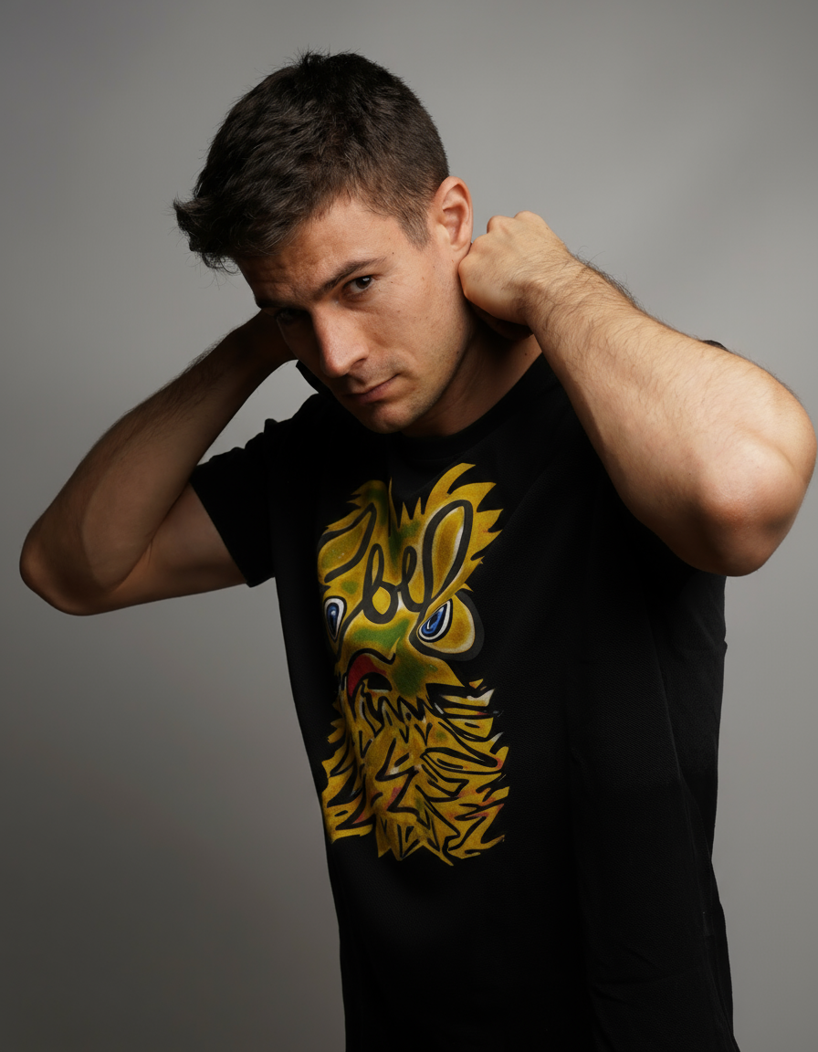 Woman in black crop top and denim shorts, hands on hips, with a cherry graphic on the shirt.