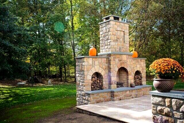 Exterior Stone Fireplace and Bluestone Harth — Ambler, PA — Disciple Masonry