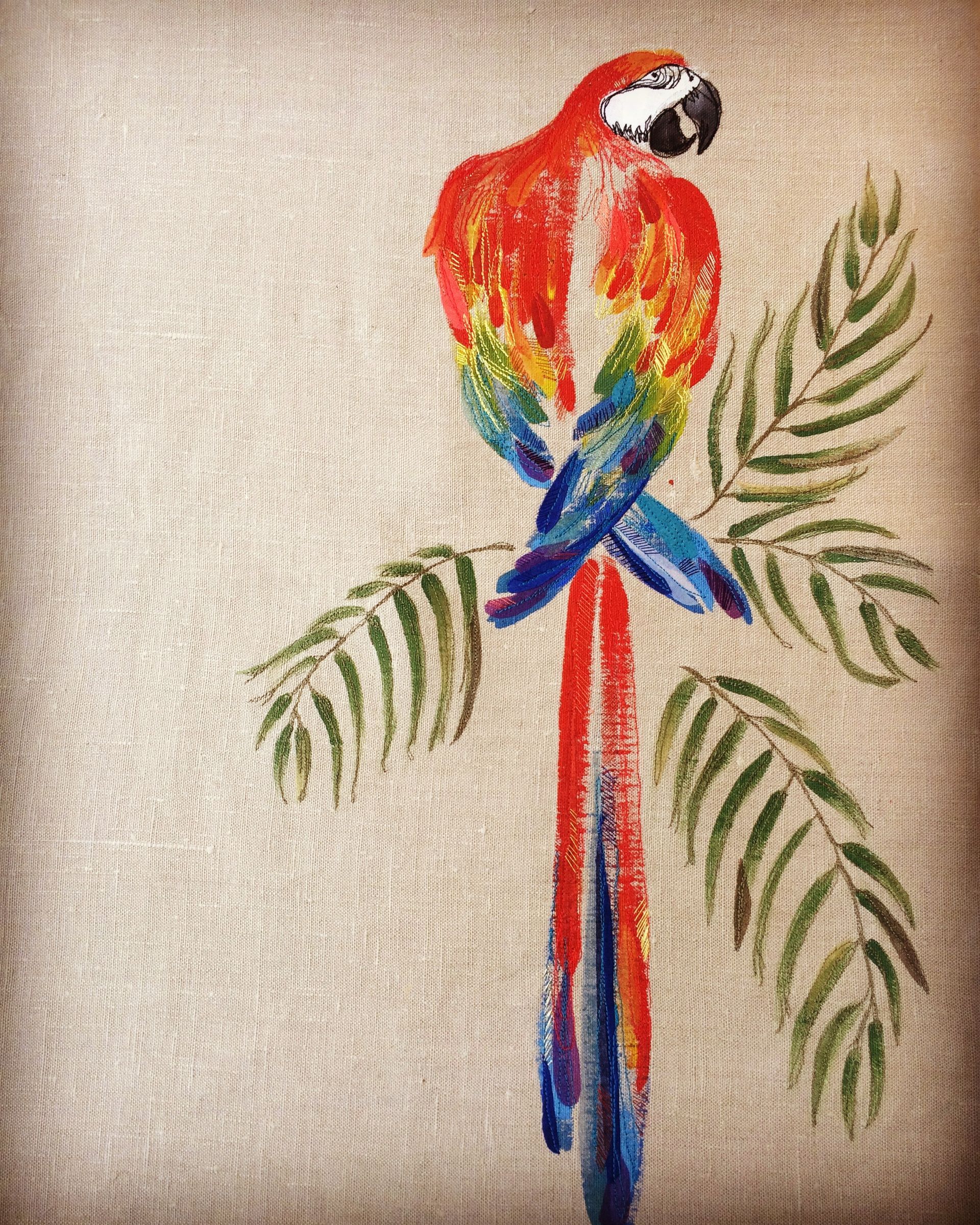 Textile design Macaw on hessian SS22