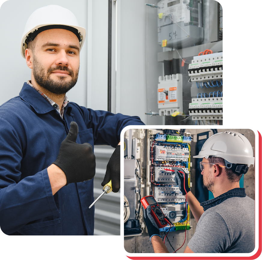 Electrician in white hard hat gives thumbs up, and checks electrical panel with multimeter.