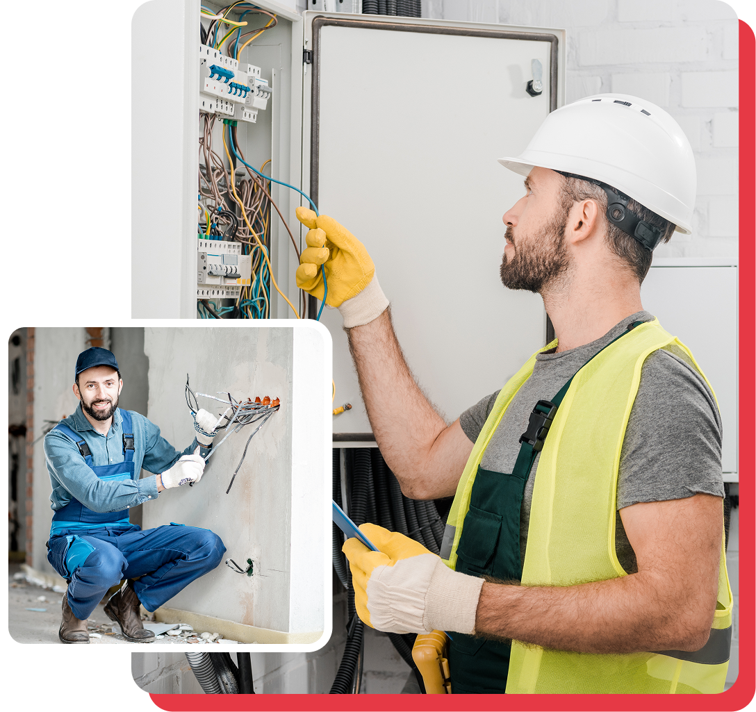 Electrician working on electrical panel, wearing a hard hat and gloves. Another image of an electrician working on a wall.