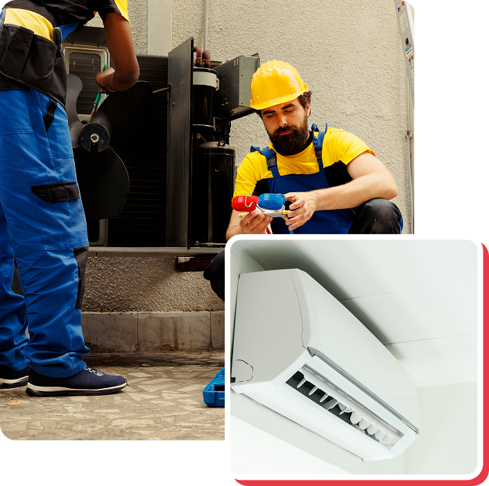 Two HVAC technicians working on outdoor unit, one indoors near a mounted air conditioner.