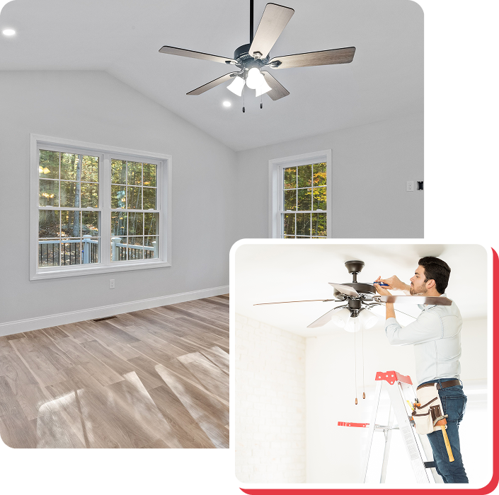 A bedroom with a ceiling fan, windows, and wooden floor. A person on a ladder installs another fan.
