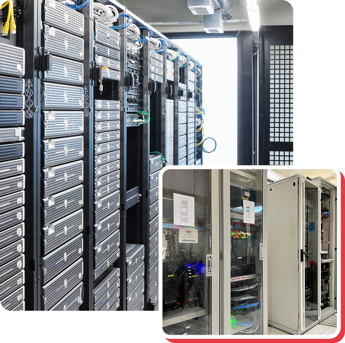 Rows of servers in a data center with cabinets. The inset shows additional server racks.