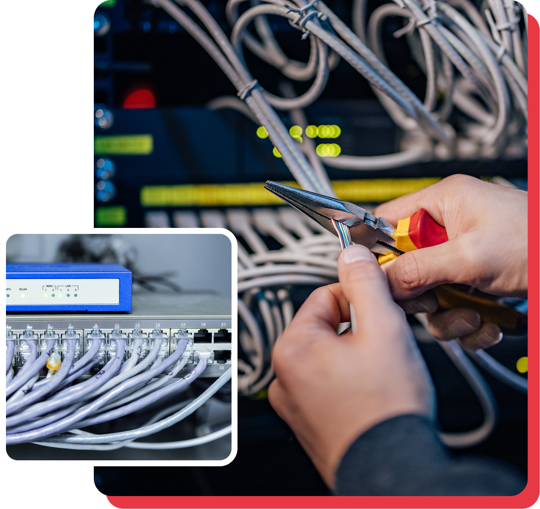 Technician using pliers on network cables in a server room, with a closeup of the cables and a network device.