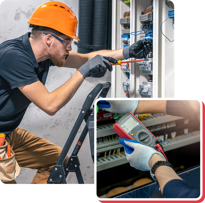 Electrician in hard hat working on electrical panel. Using a screwdriver and multimeter.