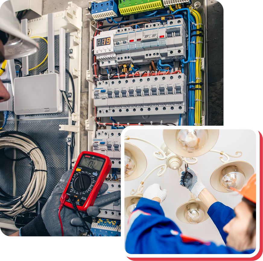 Electrician working on electrical panel, using a multimeter and installing a light fixture.