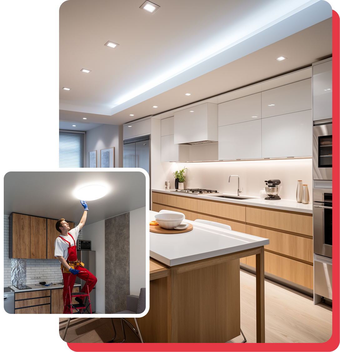 Kitchen with recessed lighting and an electrician on a ladder replacing a light fixture.