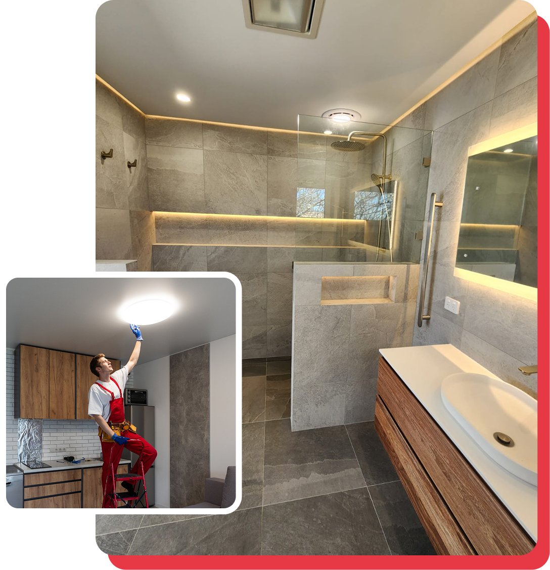 Kitchen with modern lighting; inset shows electrician installing recessed light.