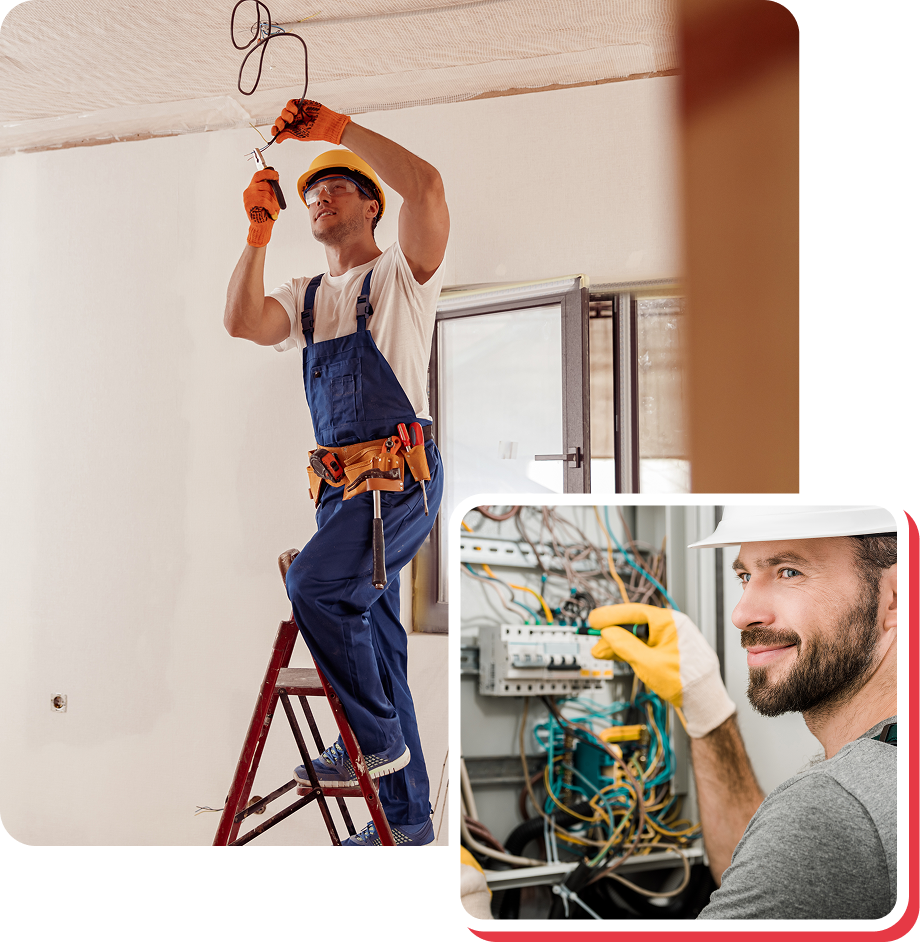 Electrician working on wires on ladder and at a panel, both wearing safety gear.