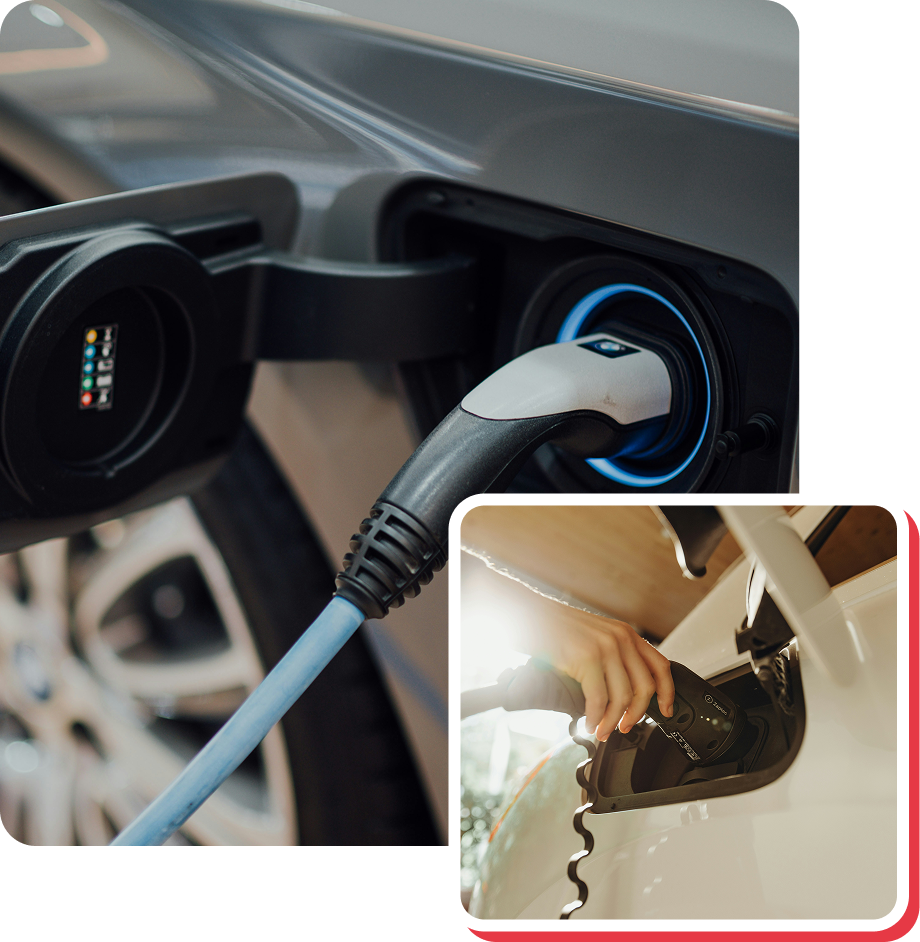 Electric vehicle charging cables connected to car ports, with a close-up inset showing a hand plugging in the charger.