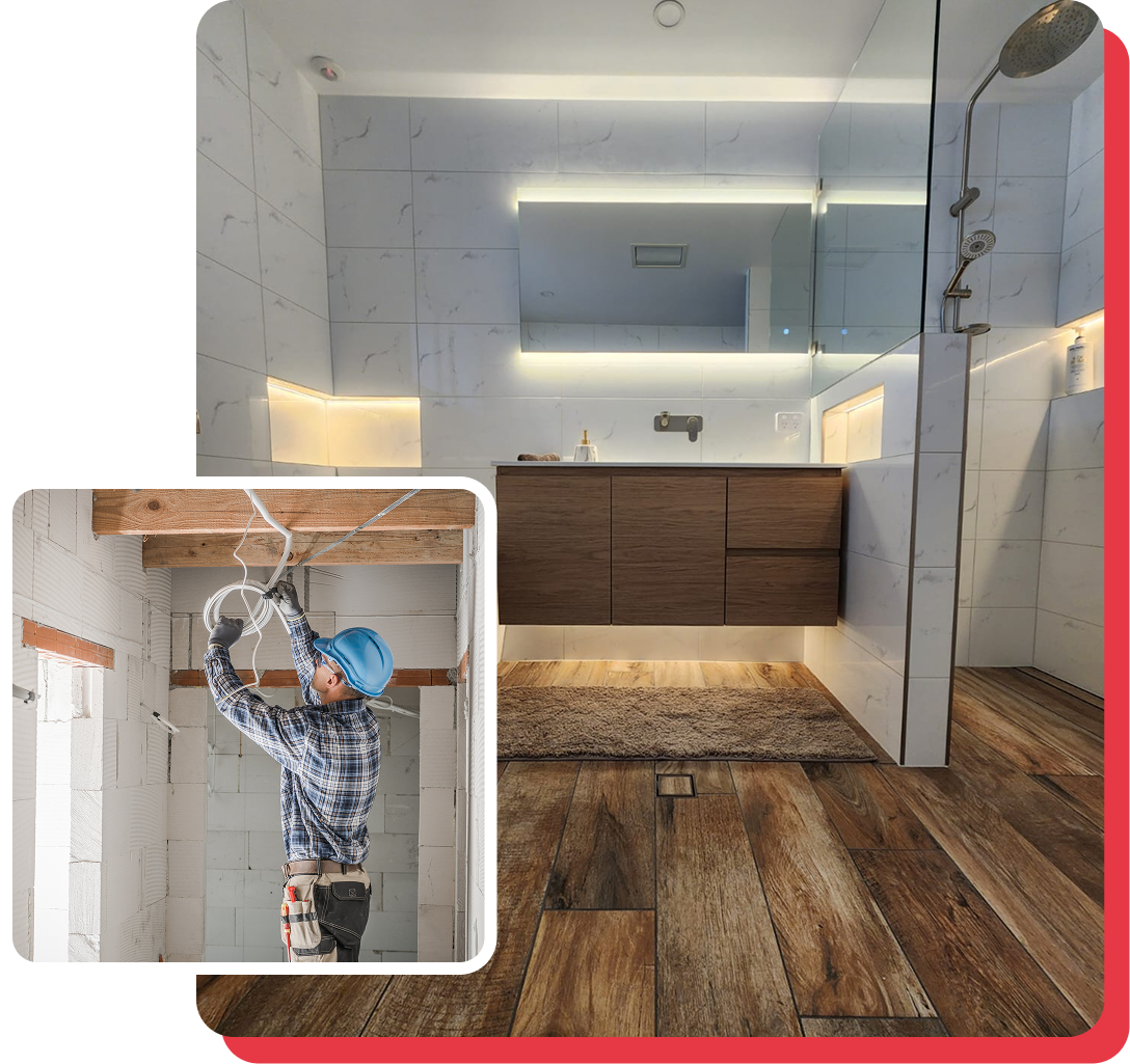 Electricians working on electrical equipment, indoor setting. One electrician is kneeling, others are observing.