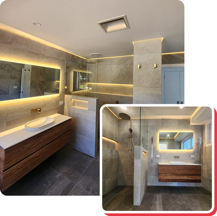 Kitchen and bathroom with modern lighting; white cabinets, sink, and shower.