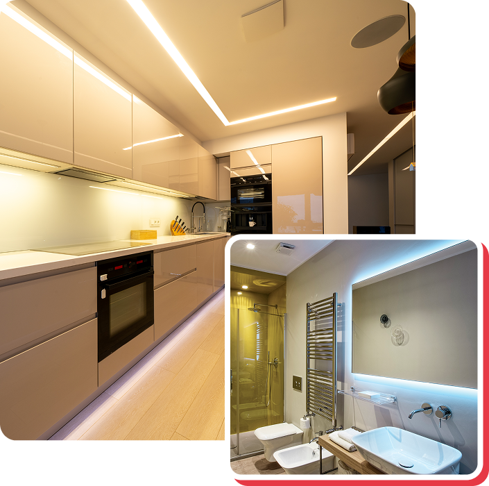 Kitchen and bathroom with modern lighting; white cabinets, sink, and shower.