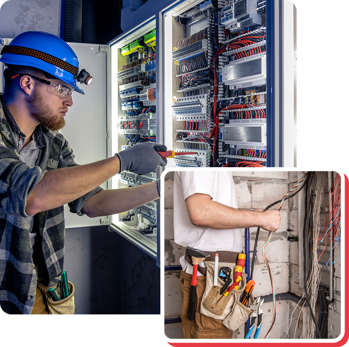 Electricians working on electrical panels and wiring.