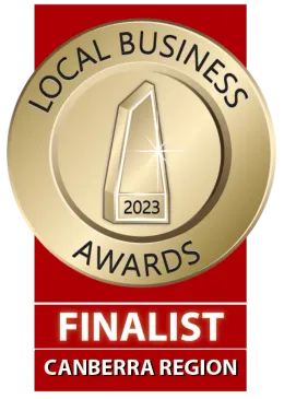 Gold seal for the 2023 Local Business Awards, labeling the business a Finalist in the Canberra Region.