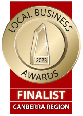 Gold seal for the 2023 Local Business Awards, labeling the business a Finalist in the Canberra Region.