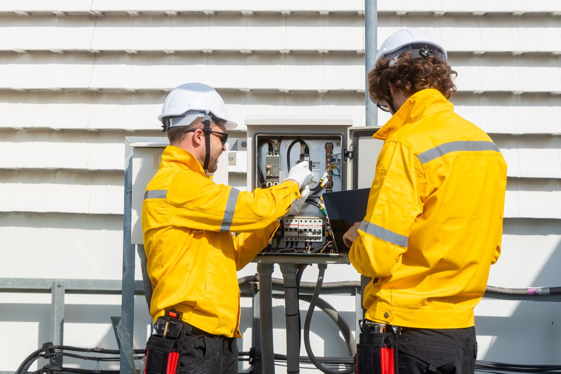 Two electricians in yellow jackets and hard hats working on electrical box outdoors.