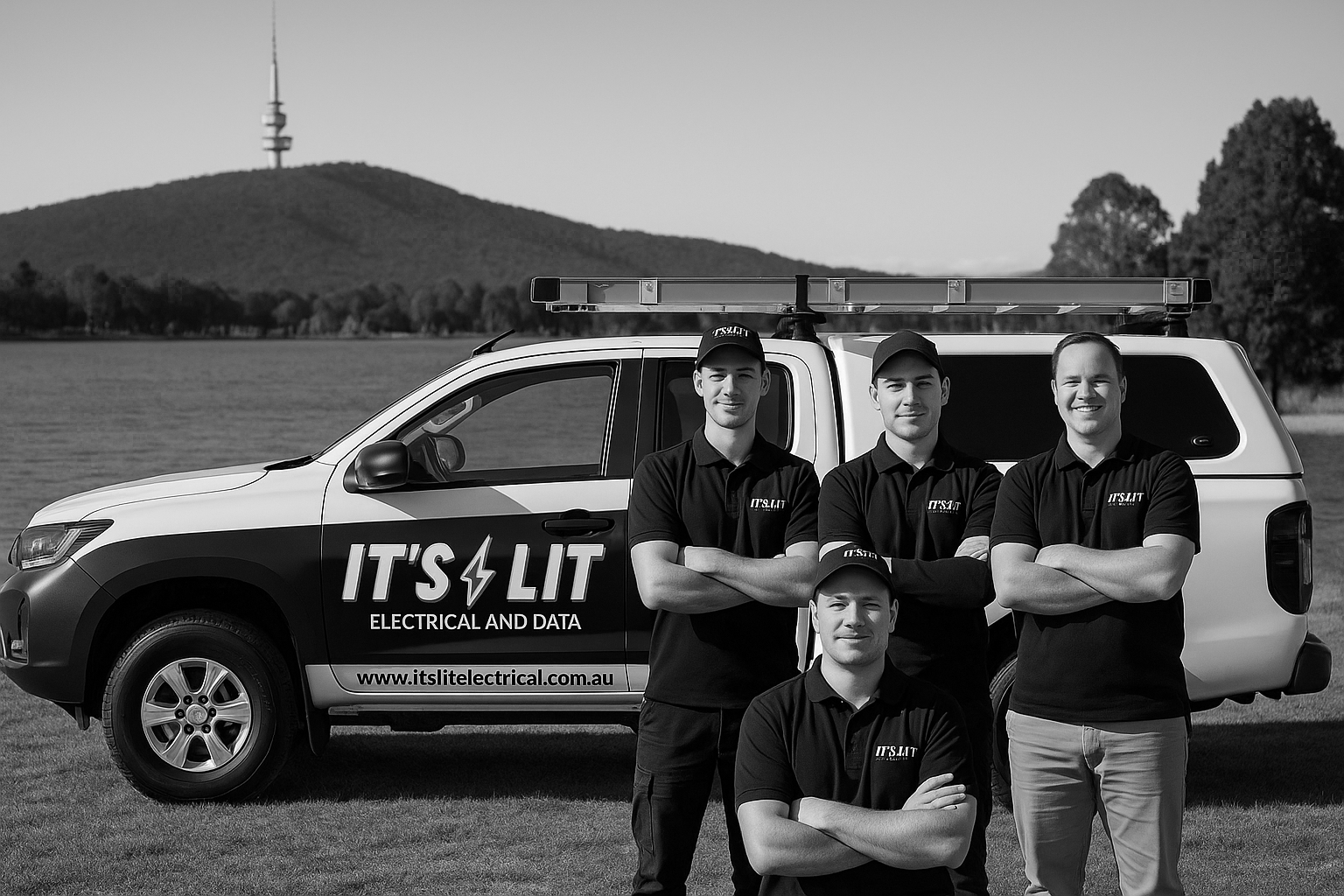 Kitchen with modern lighting; inset shows electrician installing recessed light.