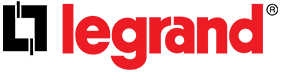 Legrand logo: black square with open corner next to red word