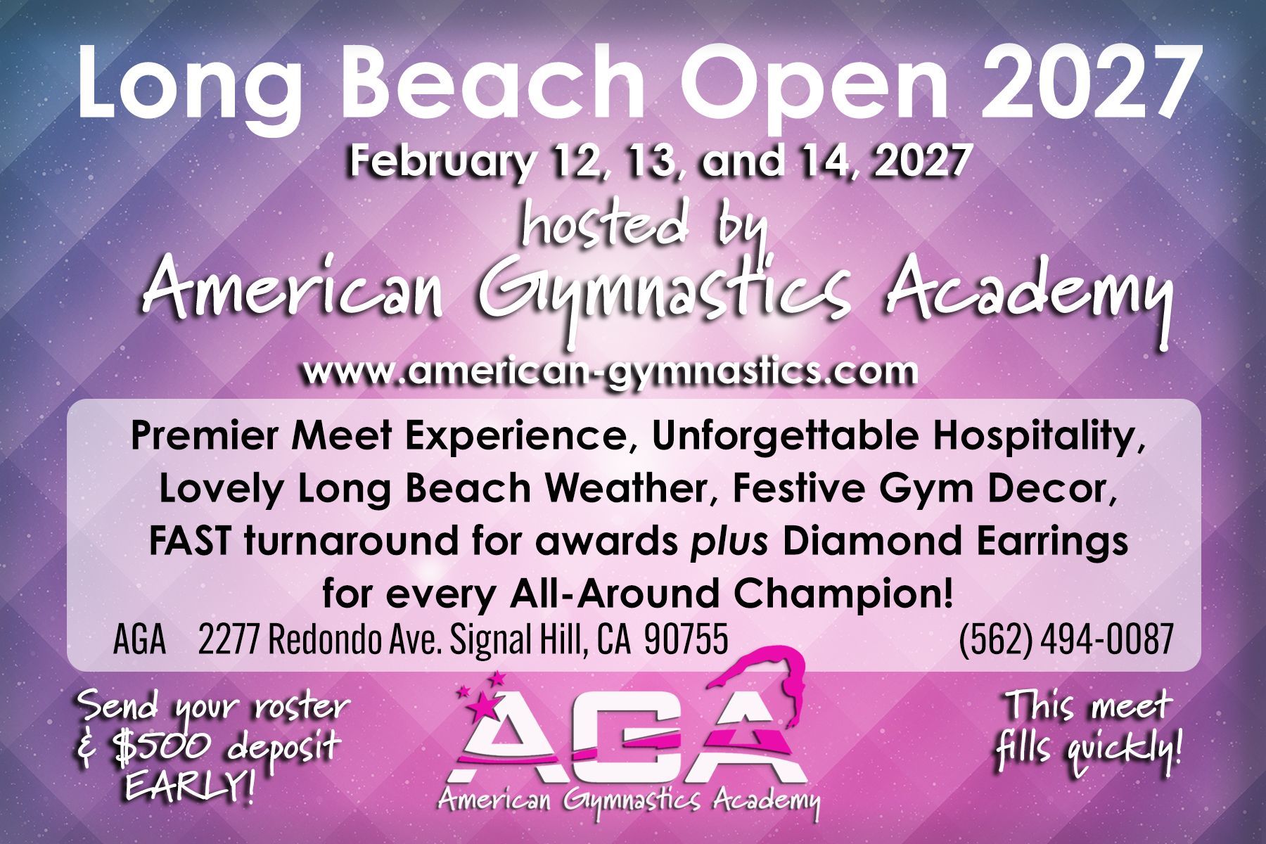 Long Beach Open 2027 gymnastics meet flyer on a purple background with event details and ACA logo