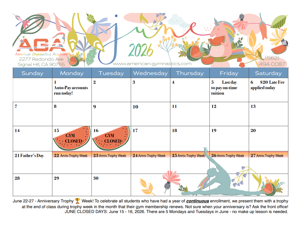 AGA gymnastics meet schedule calendar for November 2026, with pink and black event blocks on a white grid