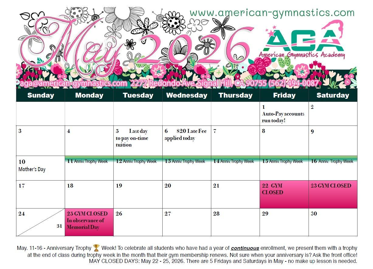 AGA gymnastics meet schedule calendar for November 2026, with pink and black event blocks on a white grid