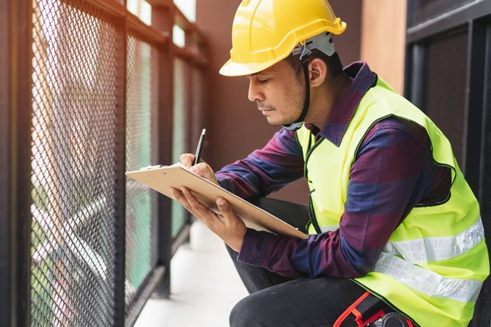 Worker in Protection Gear Writing on Clipboard — Business Support Services Near Bowen, QLD