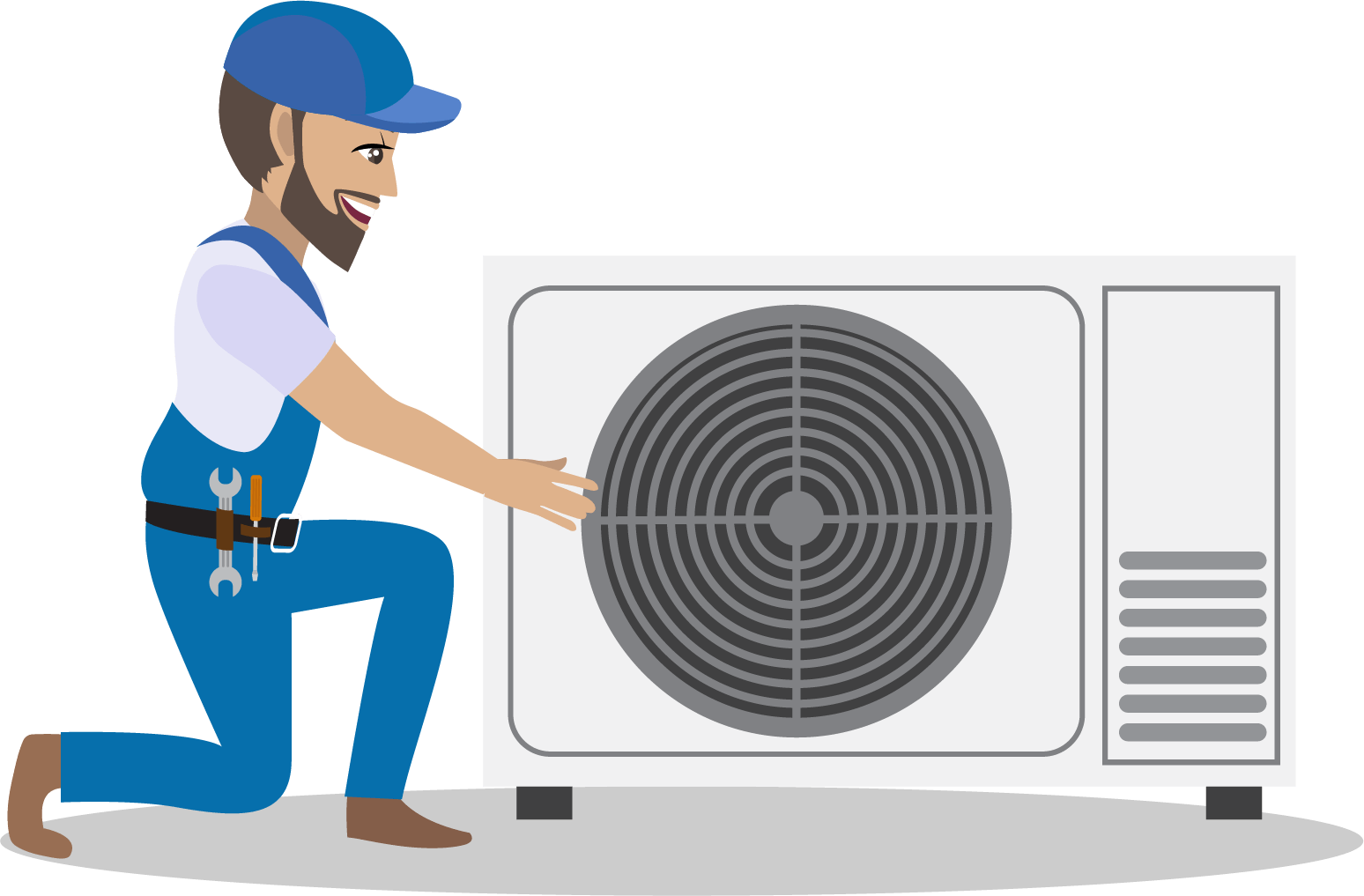 A man is kneeling down next to an air conditioner.