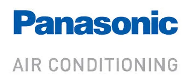 The logo for panasonic air conditioning is blue and white.