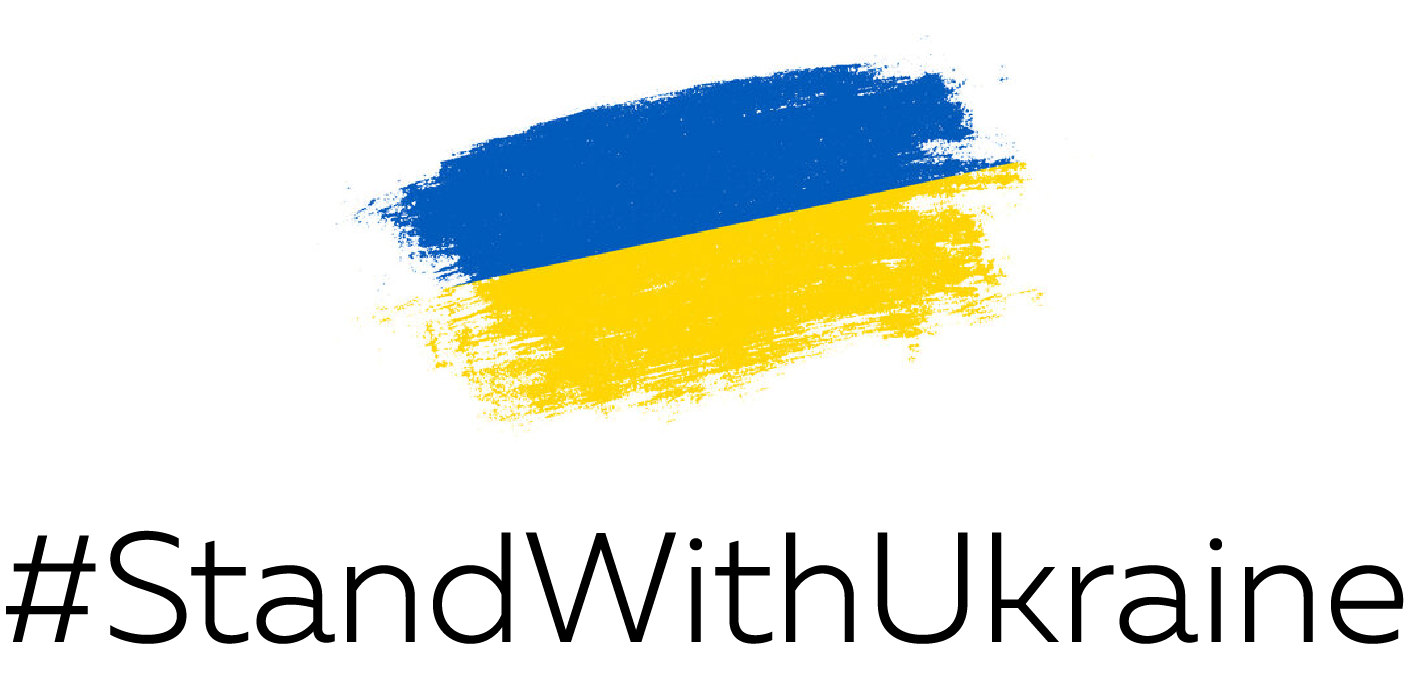 A blue and yellow flag with the words `` stand with ukraine '' below it.