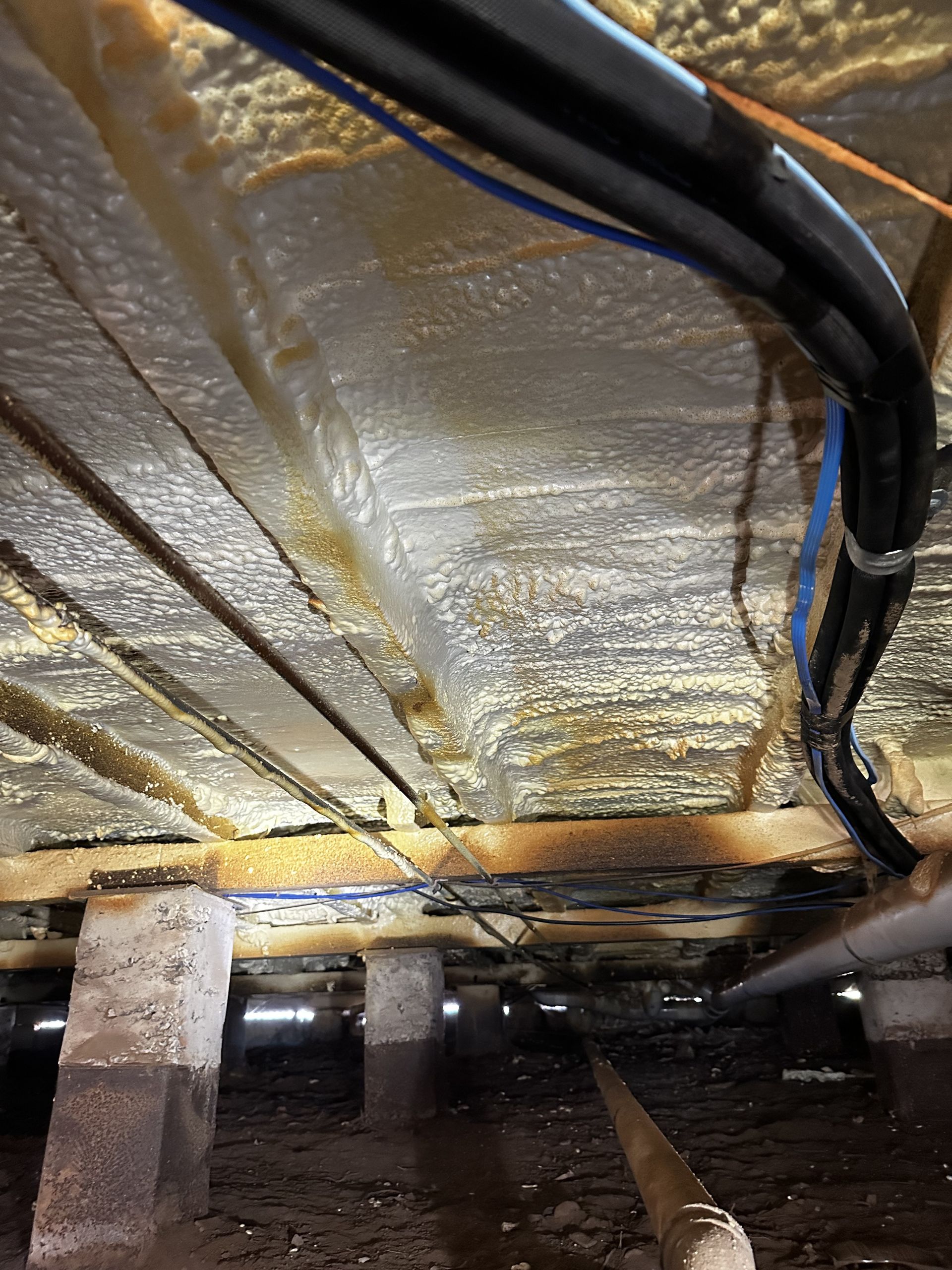 Underside of a house showing spray foam insulation between wooden beams and electrical wiring  — Proshield Insulation & Waterproofing In Southern Highlands, NSW