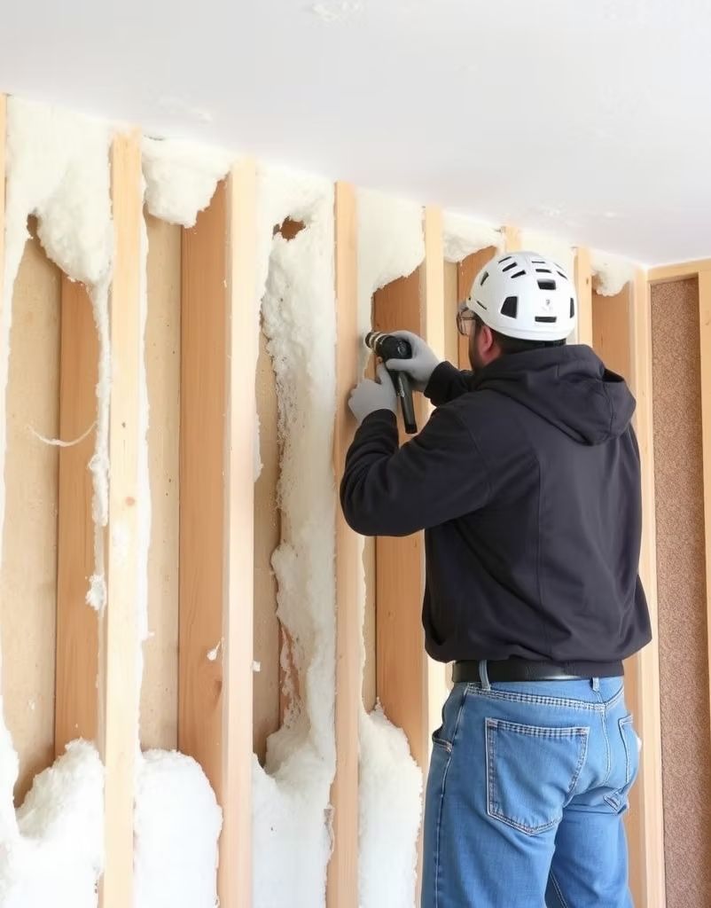 Man in Safety Gear Spraying Insulation Into a Wall Frame — Proshield Insulation & Waterproofing In Shell Cove, NSW