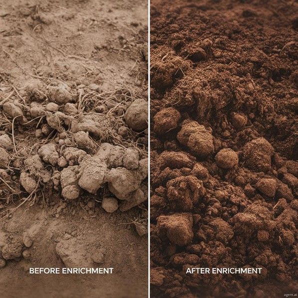 Split-screen image showcasing soil transformation: on the left, compacted, dry, and cracked soil rep