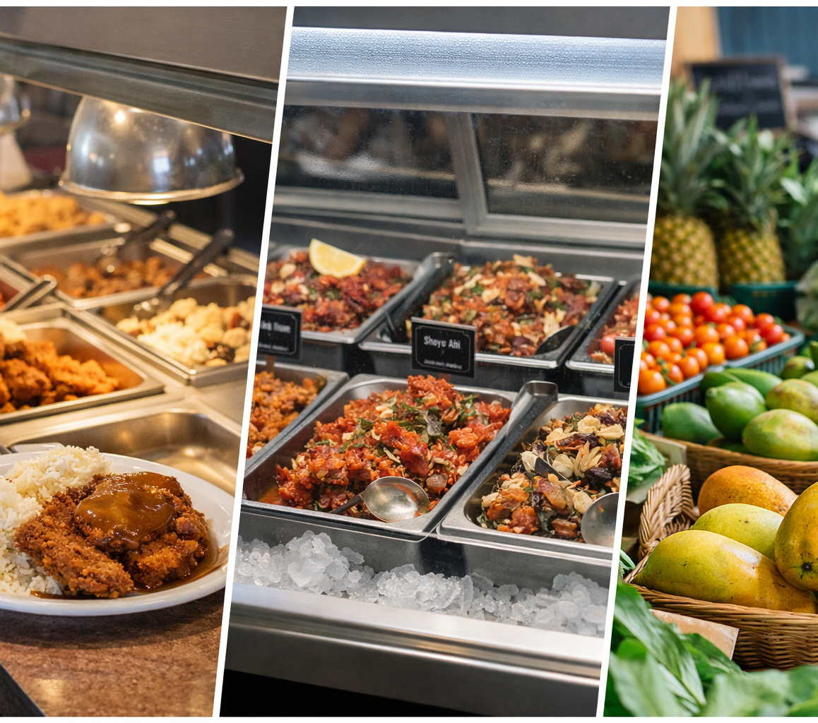 Food display with prepared dishes, poke bowls, and fresh produce.