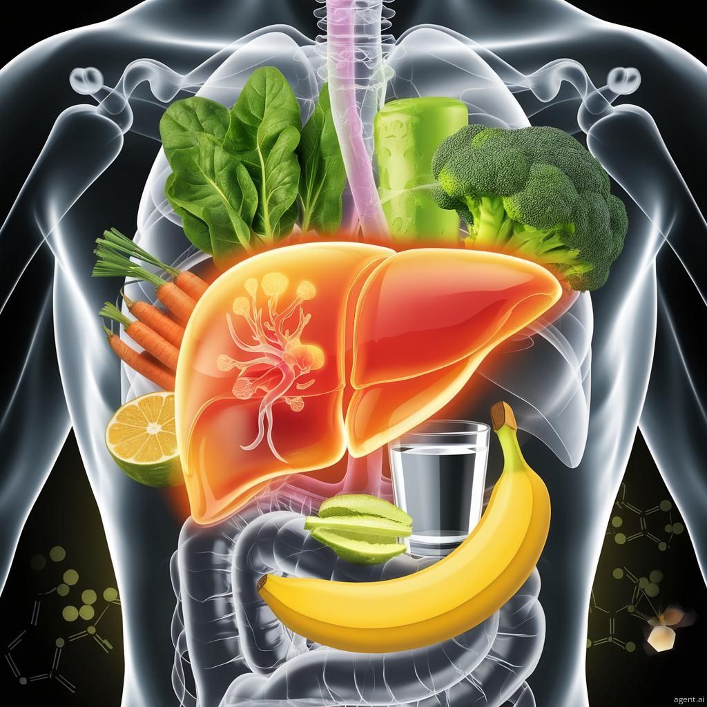 Illustration of a liver with a glowing aura, surrounded by fruits, vegetables, and a glass of water,