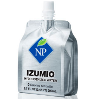 Silver pouch of IZUMIO Hydrogenized Water with blue logo and white cap; 0 calories, 6.7 fl oz.