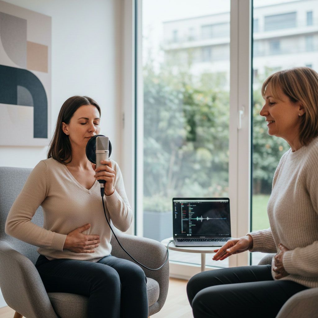 Two women recording a podcast in a bright room. One speaks into a mic, the other gestures.