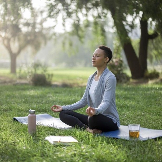 A person meditating outdoors in a peaceful natural setting to lower stress and cortisol levels, surr